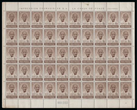 1948 Gandhi 1 1/2a brown, mint complete sheet of 50,