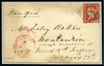 1854-55 1/2a blue, die II, with'B/181' of Toungoo, plus two covers from Toungnoo, one franked 1a red, die II, and one 2a green strip of three (*)