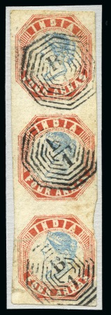 1854-55 4a blue and rose-red, 5th printing, head die III, frame die II, used vertical strip of three (*)