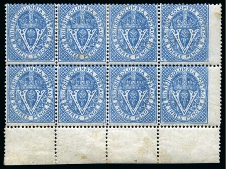 1865 3c Blue with INVERTED WATERMARK in mint lower right corner pane marginal block of 8