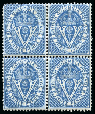 1865 3c Pale Blue with INVERTED WATERMARK in mint block of 4