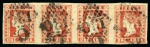 1854 1d red, die III, two used strips of four (*)