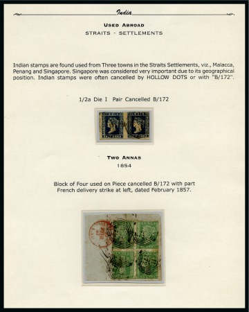 1854 1/2a blue, die I, pair and 2a green block of four on fragment, both cancelled by 'B/172' octagonal strikes (3)