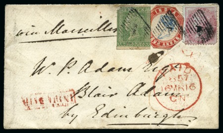 1854 4a red and blue, 2a green both in combination with 1855 8a, all tied on small neat envelope to Edinburgh (*)