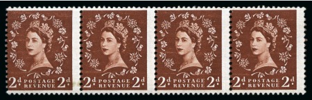 1958 Wilding 2d red-brown "Dollis Hill Phosphor Trial" in perforated horizontal strip of four