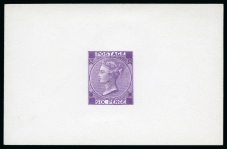 1867-80 De La Rue 6d (without hyphen) die proof in mauve on white matt card produced for display at the 1870 International Exhibition
