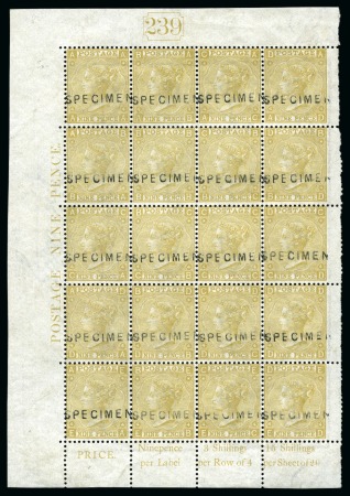 1867-80 9d Straw pl.4. complete pane of twenty with "SPECIMEN" type 2 overprint