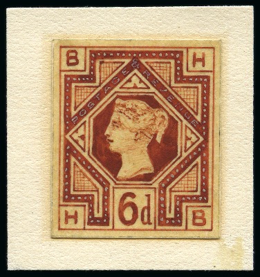 1887-1900 Jubilee Issue 6d hand painted essay in red brown on buff card