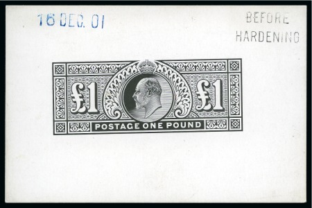 1902-10 De La Rue £1 die proof printed in black on white glazed card