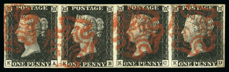 Stamp of Great Britain » 1840 1d Black and 1d Red plates 1a to 11 1840 1d Black pl.1b KA-KD used horizontal strip of four
