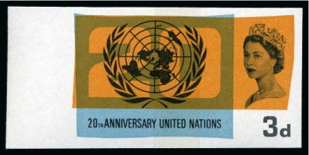 1965 20th Anniversary of United Nations (phosphor) 3d & 1s6d mint nh left hand marginal imperforate imprimaturs