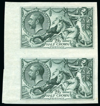 1913 Waterlow Seahorses 2s6d imperforate colour trial in bottle green in vertical pair on ungummed "JAS WRIGLEY LD-219" paper