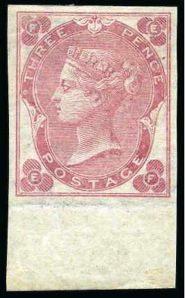 1862-64 3d Rose pl.3 EF, with white dots, imperforate mint lower marginal