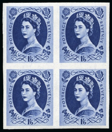 Stamp of Great Britain » Queen Elizabeth II 1955-58 Wildings 1s6d grey-blue, wmk St Edward's Crown, imperforate imprimatur in mint nh block of four
