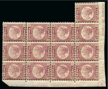 1870 1/2d Rose pl.5 QX/TX mint irregular corner marginal block of thirteen