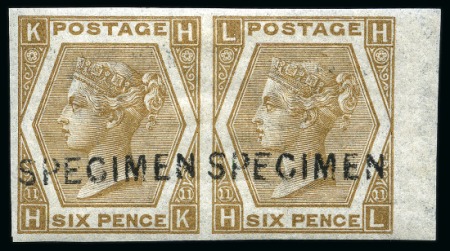 1872-73 6d Chestnut pl.11 imperforate right marginal horizontal pair lettered overprinted "SPECIMEN" type 6