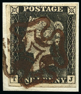 Stamp of Great Britain » 1840 1d Black and 1d Red plates 1a to 11 1840 1d Black pl.1b TJ with close to large margins tied to small piece by a crisp BROWN MC