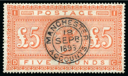 1867-83 £5 Orange pl.1 on white paper cancelled by a crisp MANCHESTER / ACCOUNTS cds