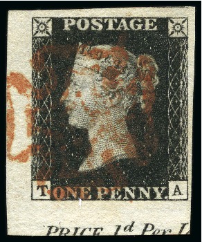 Stamp of Great Britain » 1840 1d Black and 1d Red plates 1a to 11 1840 1d Black pl.6 TA lower left marginal example with fine to huge margins showing partial sheet inscription "PRICE 1d Per L"