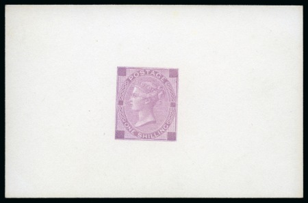 1870 1s Die proof printed in mauve on white matt card (92x60mm), produced by DLR for the 1870 International Exhibition