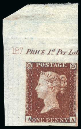 1854-57 1d Red-Brown pl.187 AA top left corner marginal imperforate imprimatur