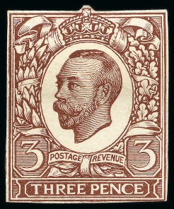 1911 3d Engravers Sketch Die for the unissued value, cut down die proof used as a colour trial printed in brown