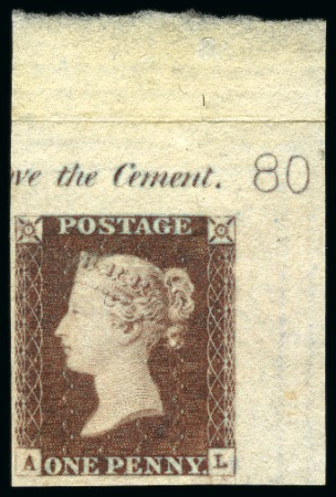 Stamp of Great Britain » 1841 1d Red 1841 1d Deep Red-Brown pl.80 AL imperforate imprimatur from the top right corner single showing part sheet inscription and plate number "80"