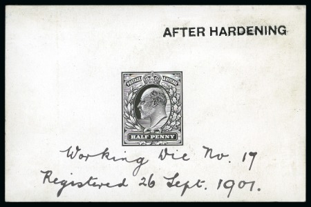 1902-10 De La Rue 1/2d die proof in black on white glazed card (92x60mm)