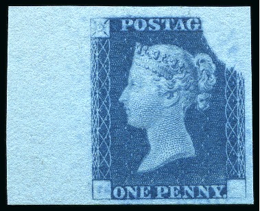 Stamp of Great Britain » Line Engraved Essays, Plate Proofs, Colour Trials and Reprints 1840 1d Rainbow Trial, state 3, left hand corner marginal example printed in deep blue on white wove paper dipped in prussiate of potash