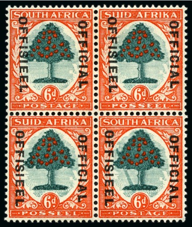 Officials: 1935-49 "SUID-AFRIKA" hyphenated 6d green and vermilion die I, showing 'FALLING LADDER' variety in mint block of four