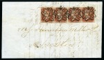 1843 (Apr 5) Wrapper from London to Preston bearing four 1d red-brown pl.29 beautifully tied by crisp London "2" in MCs