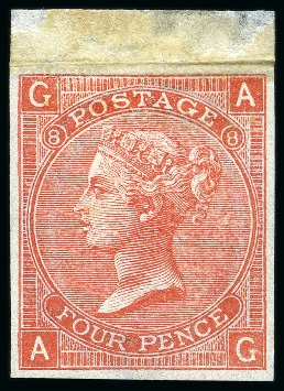 1865-67 4d Vermilion pl.8 mint top marginal imperforate imprimatur