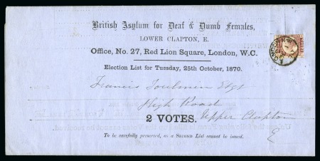 1870 1/2d Rose-Red pl.1 JT on printed voting circular sent on the FIRST DAY OF ISSUE