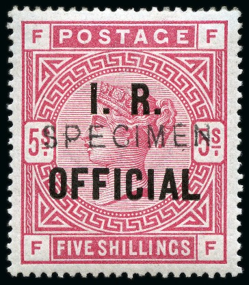 INLAND REVENUE: 1890 5s Rose on white paper I.R. Official mint hr with "SPECIMEN" type 11 overprint