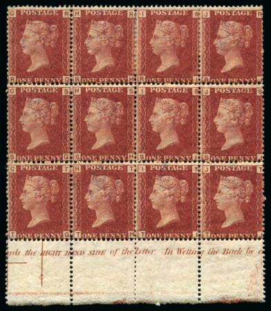 1864-79 1d Rose-Red pl.223 RG/TJ mint lower marginal block of twelve