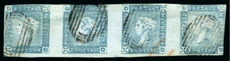 Stamp of Mauritius » 1859 Lapirot Issue » Intermediate Impressions (SG 38) 1859 Lapirot 2d blue interdmediate impression horizontal STRIP OF FOUR (Pos. 1-4), used