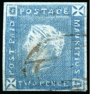 Stamp of Mauritius » 1859 Lapirot Issue » Early Impressions (SG 36-37) 1859 Lapirot 2d blue, early impression, used with part oval bars cancel, position 10