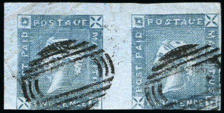 Stamp of Mauritius » 1859 Lapirot Issue » Early Impressions (SG 36-37) 1859 Lapirot 2d blue, early impression, used pair with oval bars cancels, positions 11-12