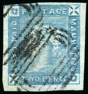 Stamp of Mauritius » 1859 Lapirot Issue » Early Impressions (SG 36-37) 1859 Lapirot 2d blue, early impression, used with oval bars cancels, position 2