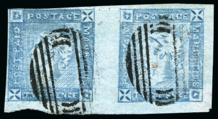 Stamp of Mauritius » 1859 Lapirot Issue » Intermediate Impressions (SG 38) 1859 Lapirot 2d blue, intermediate impression, used horizontal pair with oval bars cancels, positions 1-2