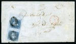 1859 Lapirot 2d blue, early impression, horizontal right sheet marginal pair on 1859 folded letter sheet from Port Louis