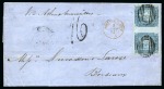 1859 Lapirot 2d blue, intermediate impression, horizontal pair, positions 5-6, on 1859 folded entire from Port Louis