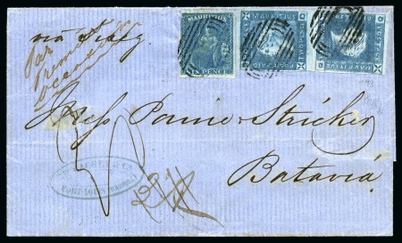 Stamp of Mauritius » 1859 Lapirot Issue » Early Impressions (SG 36-37) 1859 Lapirot 2d blue early impression, two singles, in combination with 1859-61 Britannia 6d blue on 1859 folded letter sheet from Port Louis
