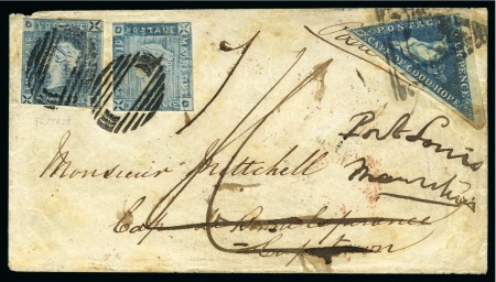 UNIQUE MIXED FRANKING COVER: 1859 Lapirot 2d blue, two singles, on cover to Cape of Good Hope, redirrected with Cape Triangular 4d blue