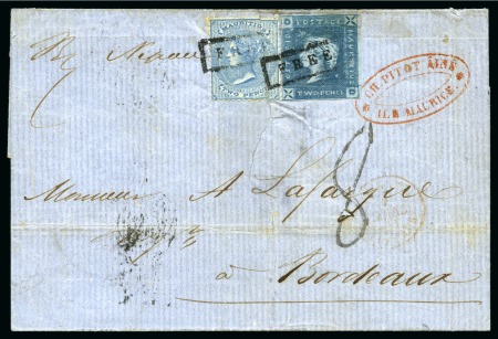 Stamp of Mauritius » 1859 Lapirot Issue » Early Impressions (SG 36-37) UNIQUE LAPIROT / DE LA RUE COMBINATION FRANKING: 1859 Lapirot 2d deep blue in combination with De La Rue 2d tied by black boxed 'FREE'