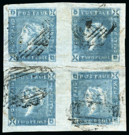 Stamp of Mauritius » 1859 Lapirot Issue » Early Impressions (SG 36-37) THE UNIQUE USED BLOCK: 1859 Lapirot 2d blue, early impression, RECONSTRUCTED BLOCK OF FOUR