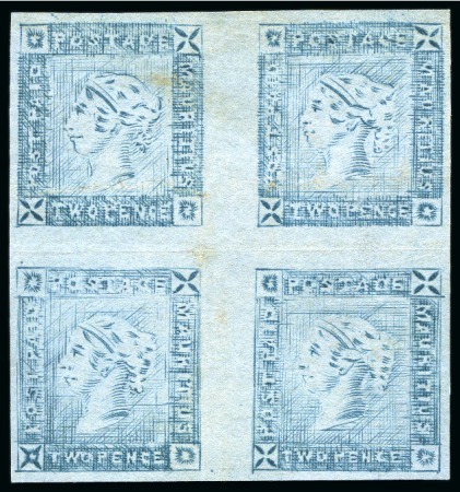 Stamp of Mauritius » 1859 Lapirot Issue » Worn Impressions (SG 39) THE UNIQUE UNUSED BLOCK OF THE 1859 LAPIROT 2d ISSUE