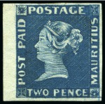 ONE OF THE FINEST RECORDED: 1848-59 Post Paid 2d deep blue, earliest impression, unused left marginal