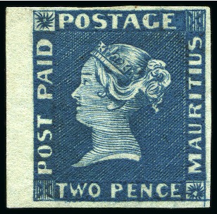 ONE OF THE FINEST RECORDED: 1848-59 Post Paid 2d deep blue, earliest impression, unused left marginal