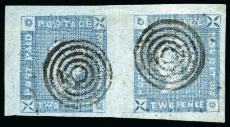 Stamp of Mauritius » 1859 Lapirot Issue » Retouched Plate THE UNIQUE "MAURITUIS" ERROR IN PAIR: 1859 Lapirot 2d blue from the RETOUCHED PLATE with "MAURITUIS" error of spelling on the right stamp of a used pair